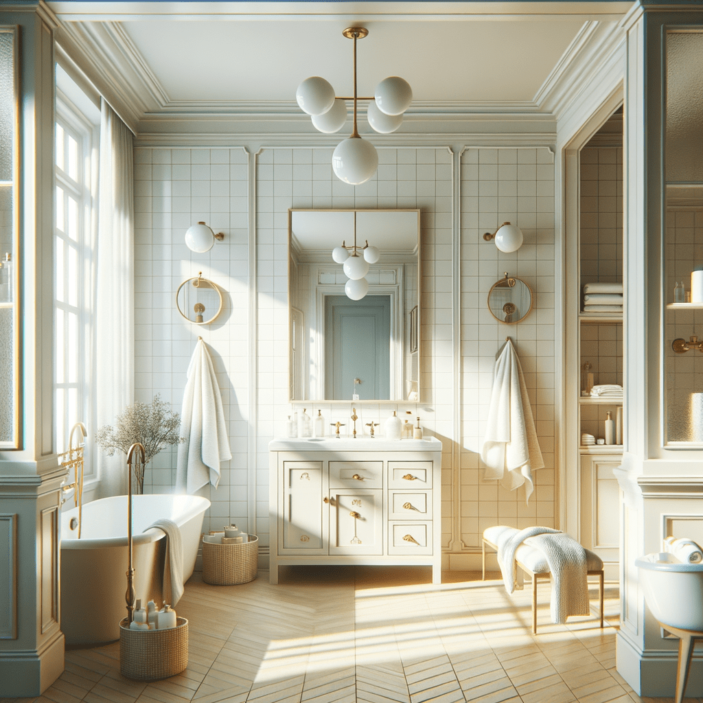 sunlit vintage modern light colored bathroom with spherical accents
