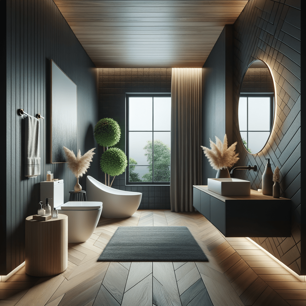 modern dark hued bathroom with bottom lit mirror and foliage accents