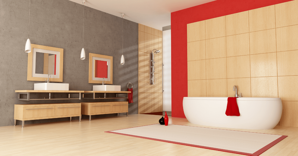 Modern bathroom with light colors that contrast well with the red bold accents.